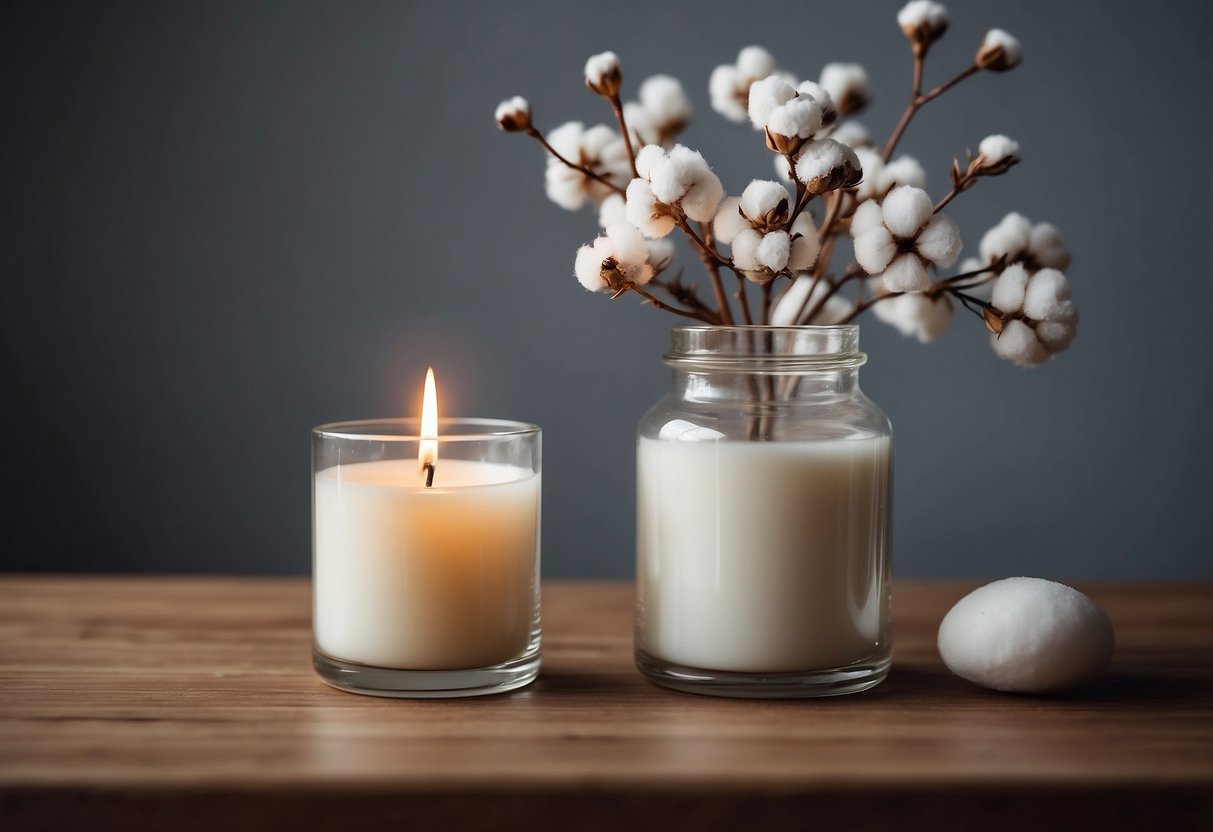 An empty candle jar sits on a table, next to a cotton ball dispenser. Home decor ideas