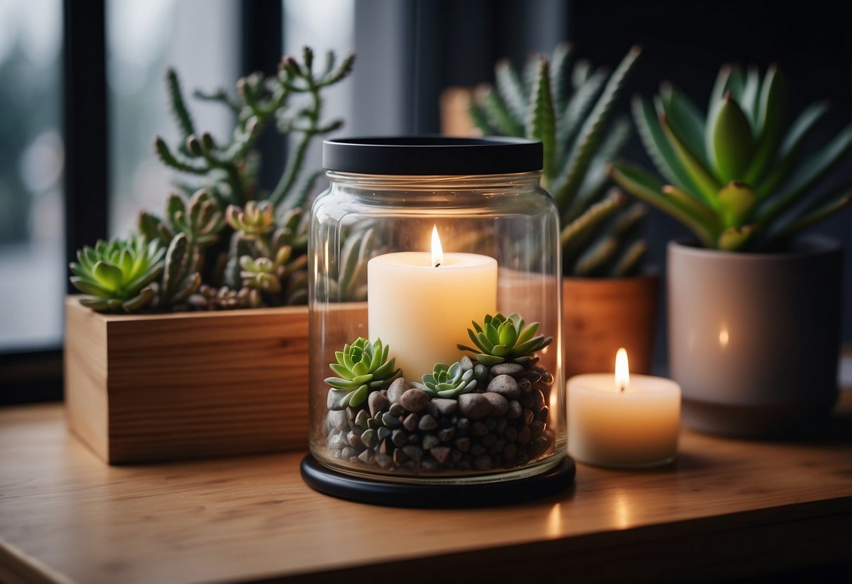 An empty candle jar sits in a desk organizer, surrounded by various home decor items like succulents, books, and a small picture frame