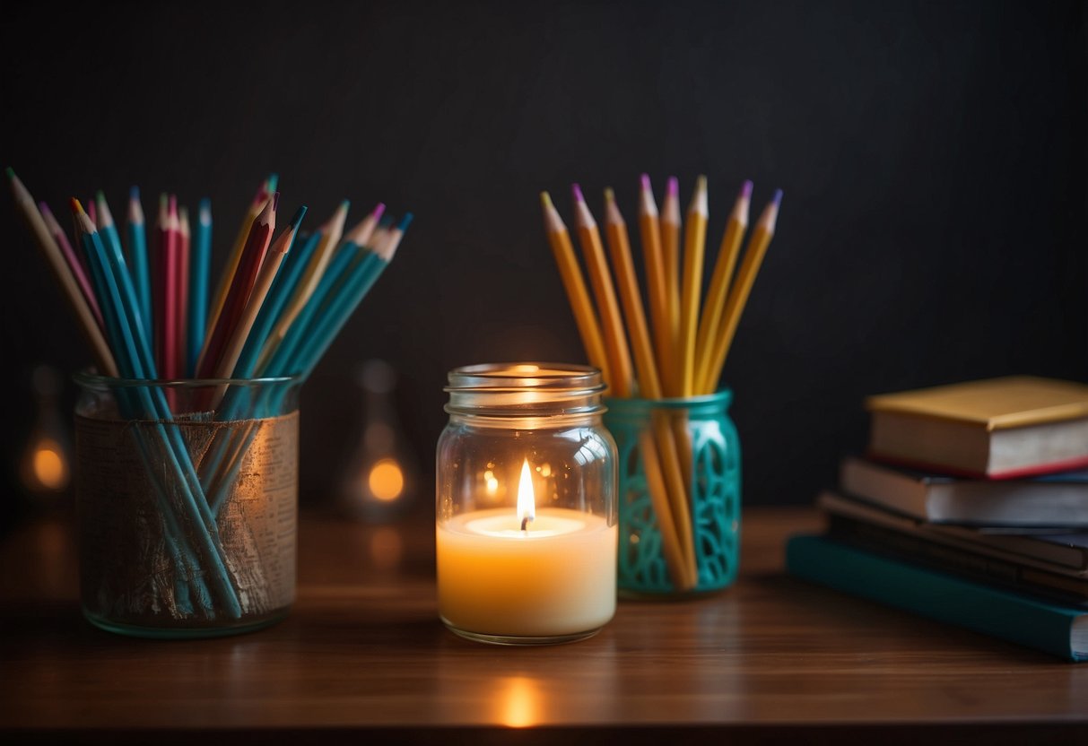 An empty pencil cup sits on a desk next to a repurposed candle jar, serving as unique home decor