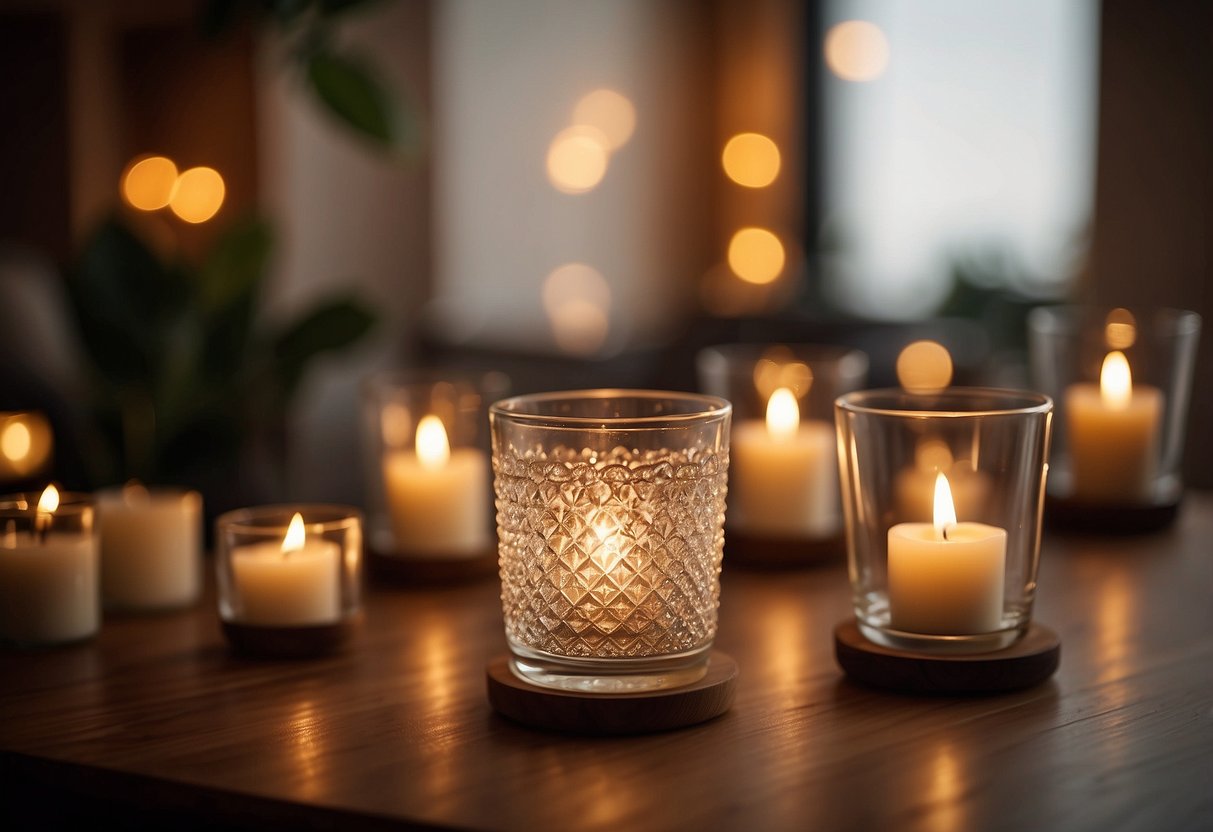 An empty glass votive candle holder sits on a wooden table, surrounded by other home decor items. The soft glow of the surrounding candles creates a warm and inviting atmosphere