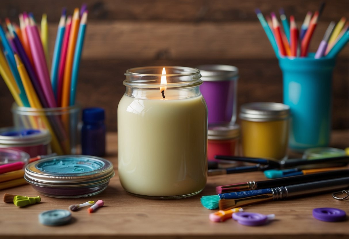 An empty candle jar sits on a desk, filled with colorful craft supplies. It is surrounded by paintbrushes, markers, and scissors, ready for a creative project