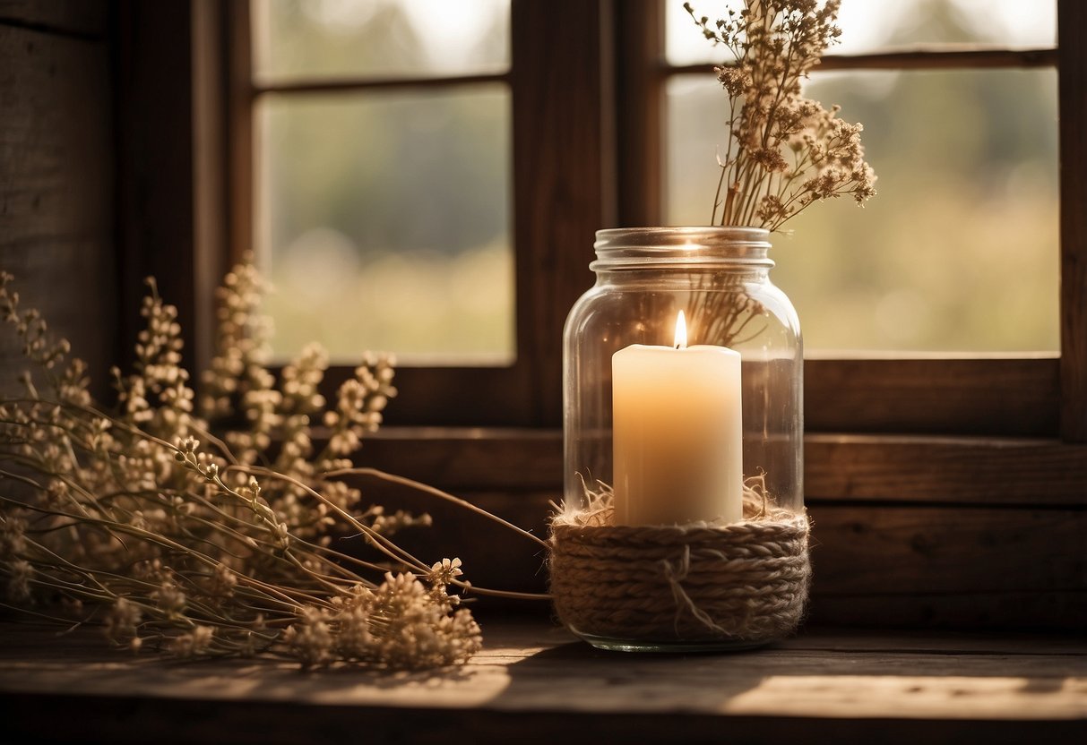 An empty candle jar sits on a rustic wooden shelf, surrounded by dried flowers and twine. Sunlight filters through a nearby window, casting a warm glow on the scene