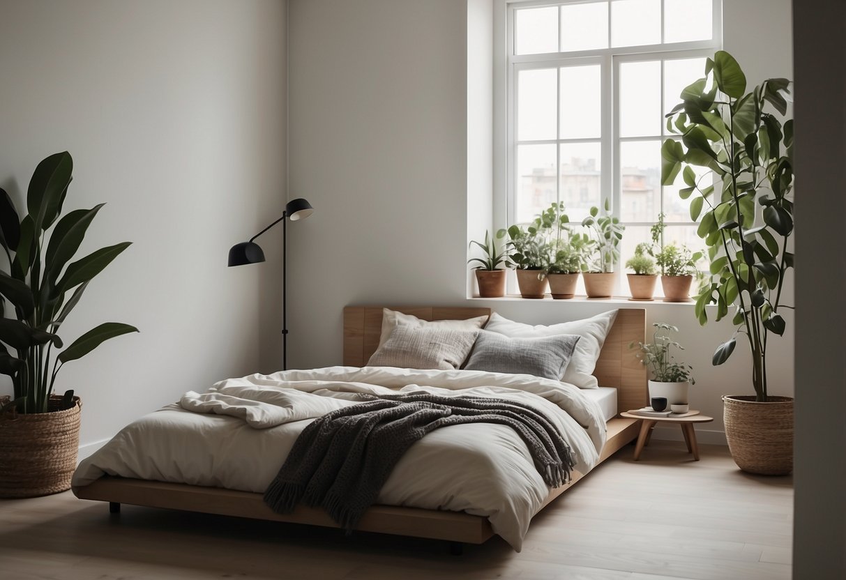 A serene, minimalist bedroom with a neutral color scheme, a cozy reading nook, potted plants, and abstract wall art