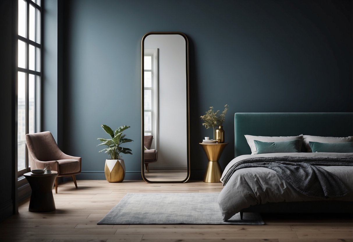 A full-length mirror hangs on a bare bedroom wall, reflecting the empty space and offering potential for home decor ideas