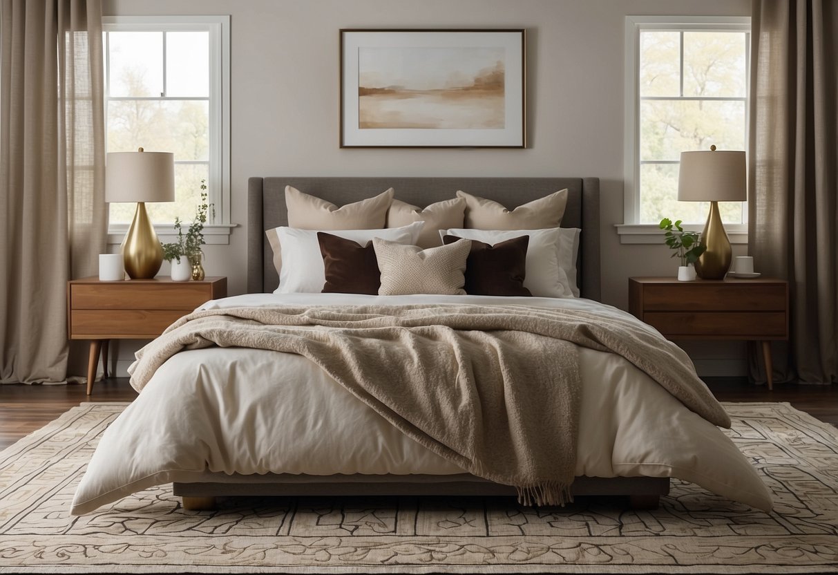 A cozy bedroom with a large, patterned area rug as the focal point. The room is empty, with neutral walls and minimal decor