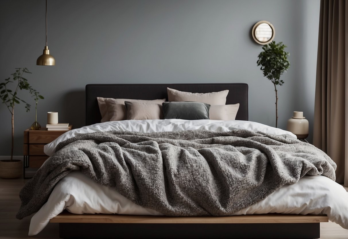 A neatly made bed with stylish bedding in an empty bedroom, showcasing home decor ideas