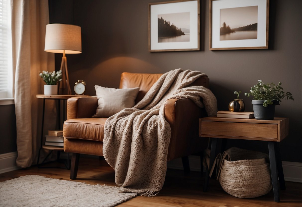 A cozy, empty bedroom with warm, earthy tones. A fluffy throw blanket drapes over a plush armchair, and a stack of books sits on a rustic wooden side table. A gallery wall of framed photos and artwork adds a personal touch to