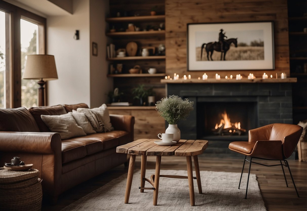 A cozy living room with a leather saddle serving as a unique barstool, horse-themed artwork on the walls, and a rustic wooden coffee table