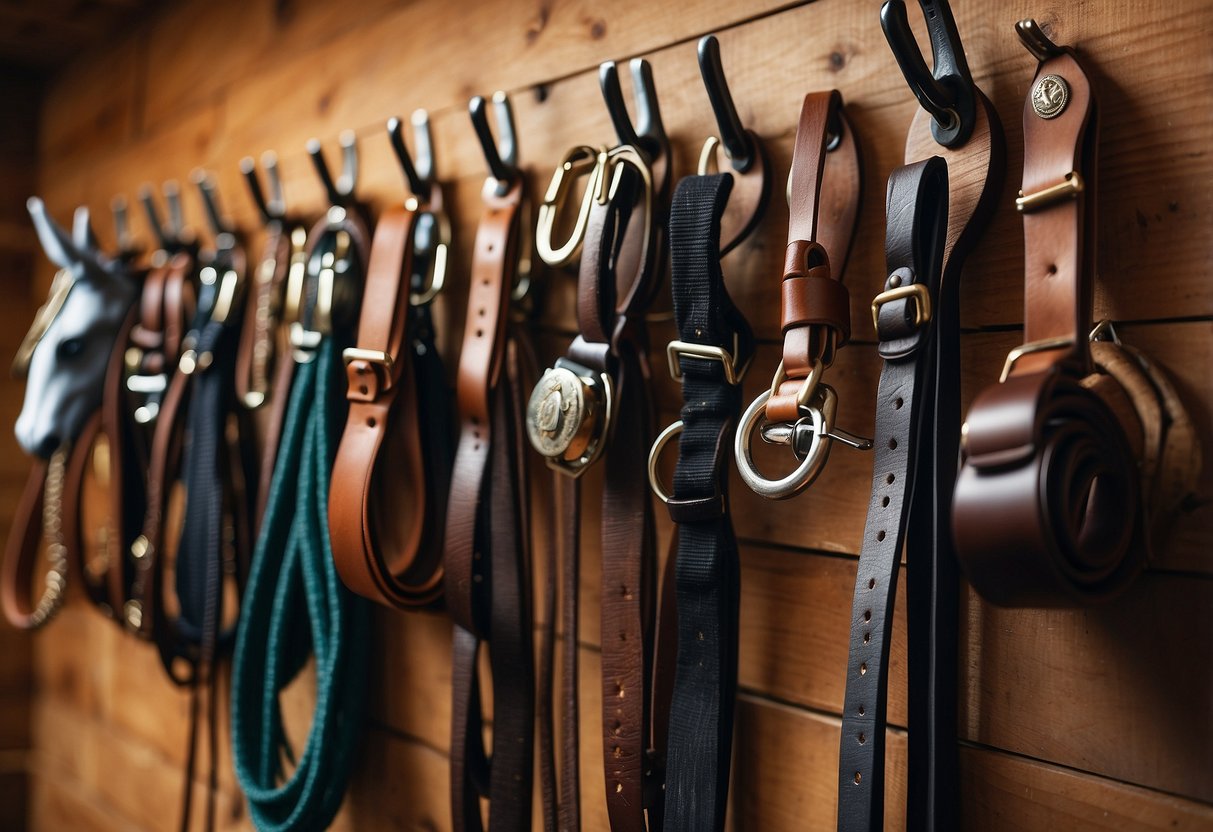 A wooden horse tack hook rack mounted on a wall, adorned with various equestrian gear such as bridles, reins, and saddles, creating a rustic and stylish home decor display