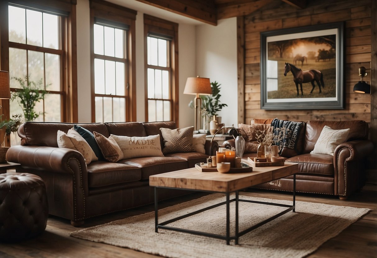 A cozy living room with equestrian-themed throw pillows on a leather couch, surrounded by horse-themed artwork and rustic decor