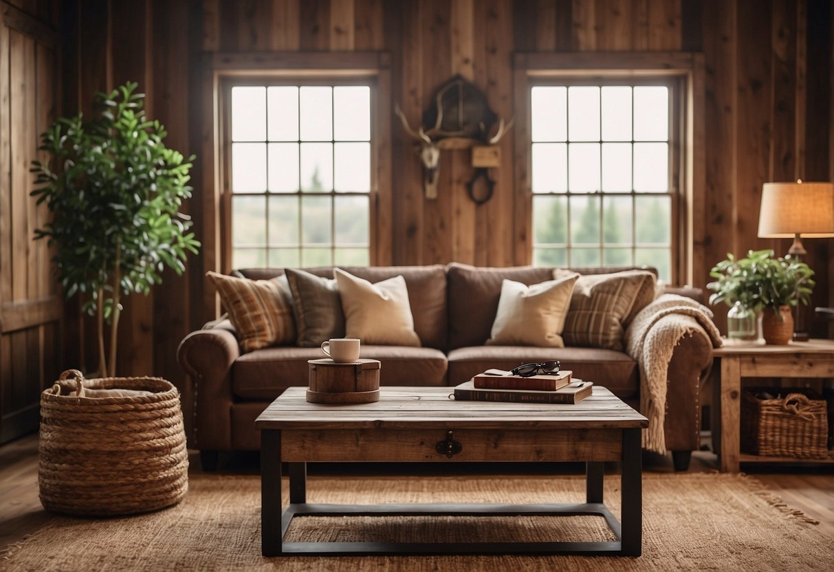 A rustic barn door coffee table sits in a cozy living room, adorned with equestrian-inspired decor like horse figurines and vintage riding gear