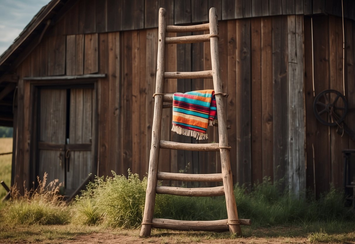 A rustic wooden ladder adorned with colorful horse blankets, set against a barn backdrop