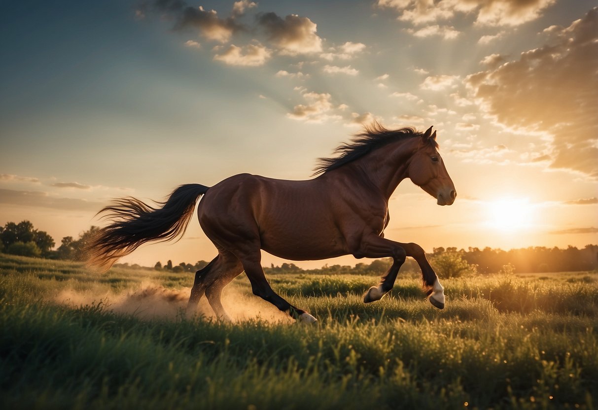 A majestic horse gallops through a lush field, with the sun setting in the background. The horse's mane flows in the wind, creating a sense of movement and freedom