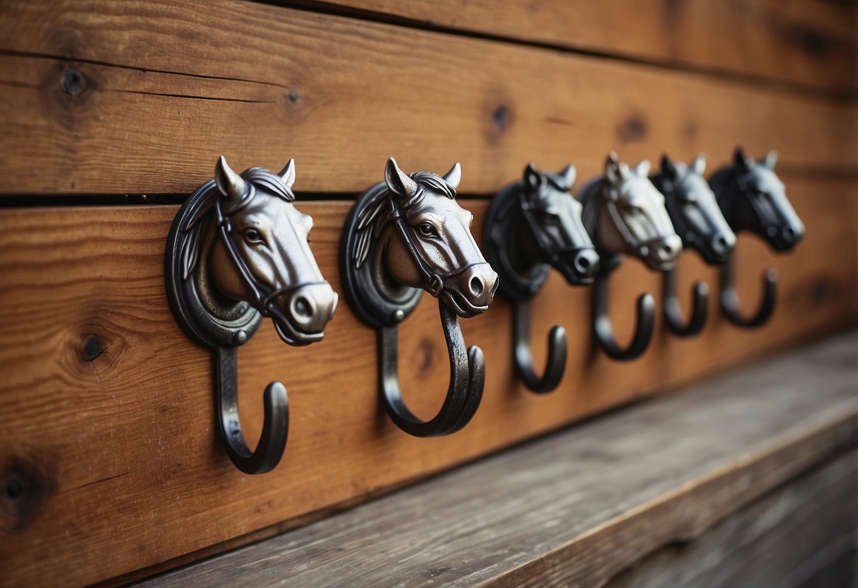 A row of horse shoe wall hooks hang on a rustic wooden wall, adding an equestrian touch to the cozy home decor