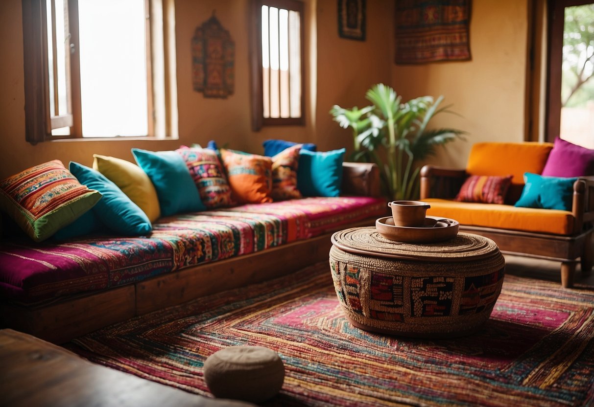 A traditional Ethiopian living room with colorful woven rugs, wooden furniture, and vibrant textiles adorning the walls. Brightly patterned cushions and a low coffee table complete the inviting space