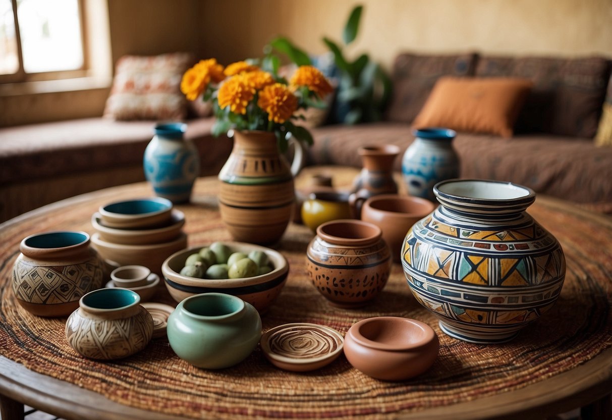 An intricately carved Mesob table sits in the center of a cozy Ethiopian living room, adorned with colorful woven textiles and traditional pottery