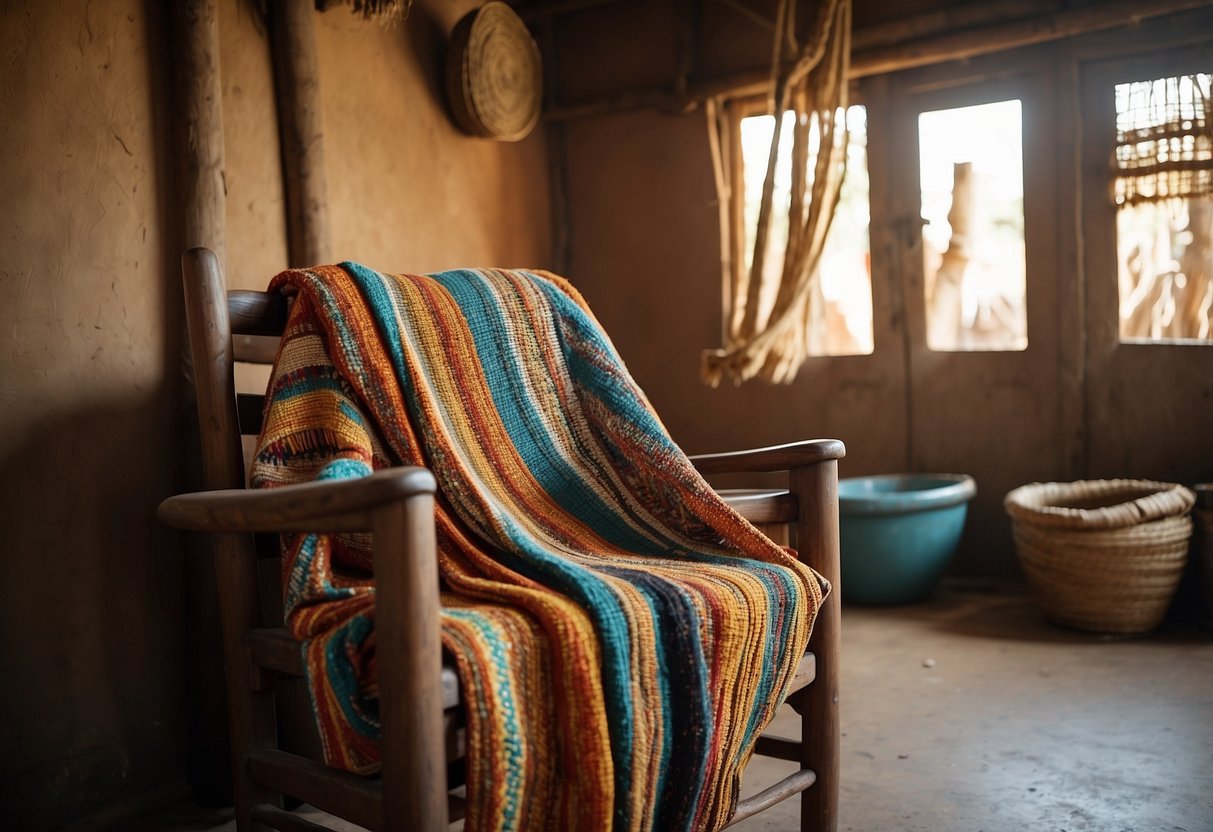 An Eshi traditional blanket drapes over a rustic wooden chair in an Ethiopian home, surrounded by woven baskets and colorful pottery