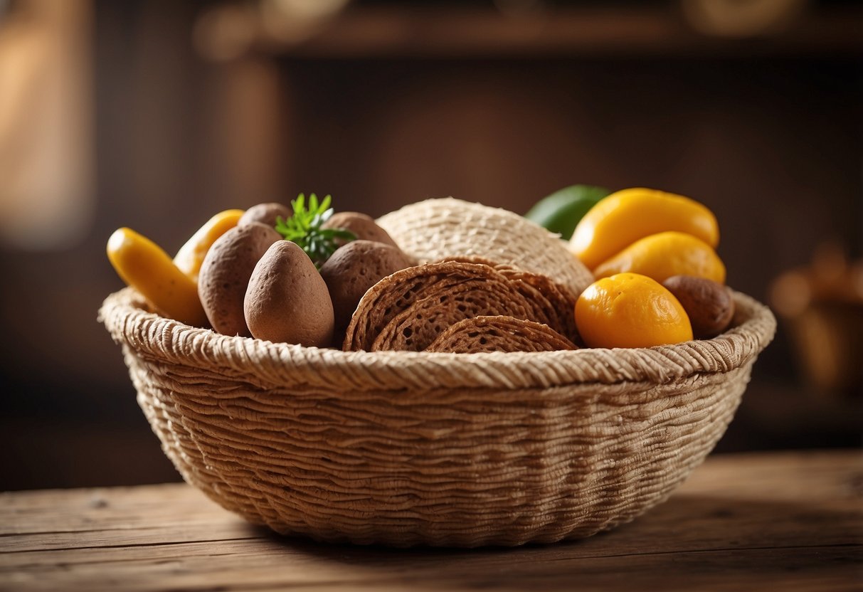 A woven basket filled with handmade injera, resting on a rustic wooden table with Ethiopian decor accents