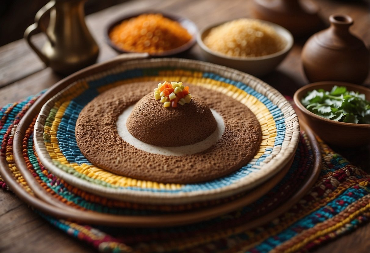 A traditional Ethiopian injera plate sits on a rustic wooden table, surrounded by colorful woven textiles and pottery