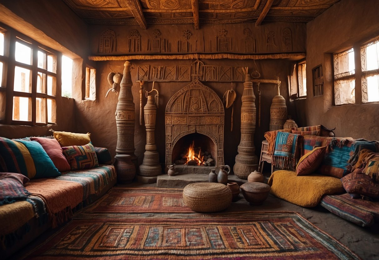 A traditional Ethiopian home adorned with a Lalibela Cross, surrounded by vibrant textiles and intricate wood carvings