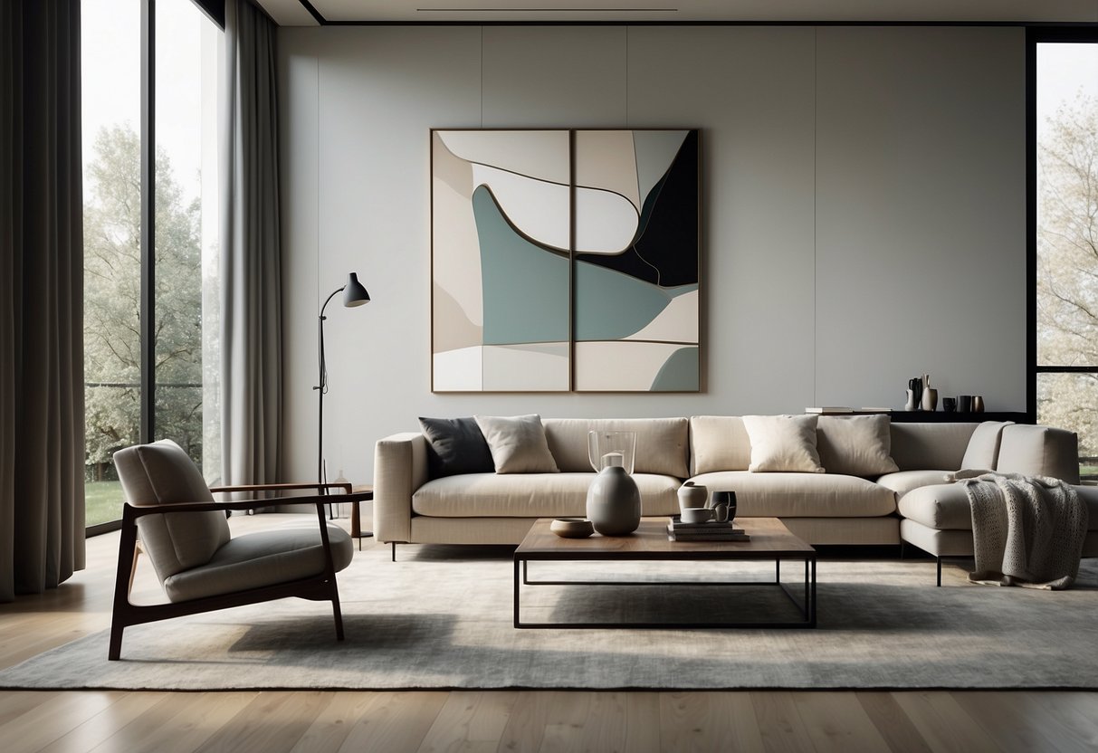 A sleek, minimalist living room with a neutral color palette, clean lines, and modern furniture. A large abstract art piece hangs on the wall, while floor-to-ceiling windows let in natural light