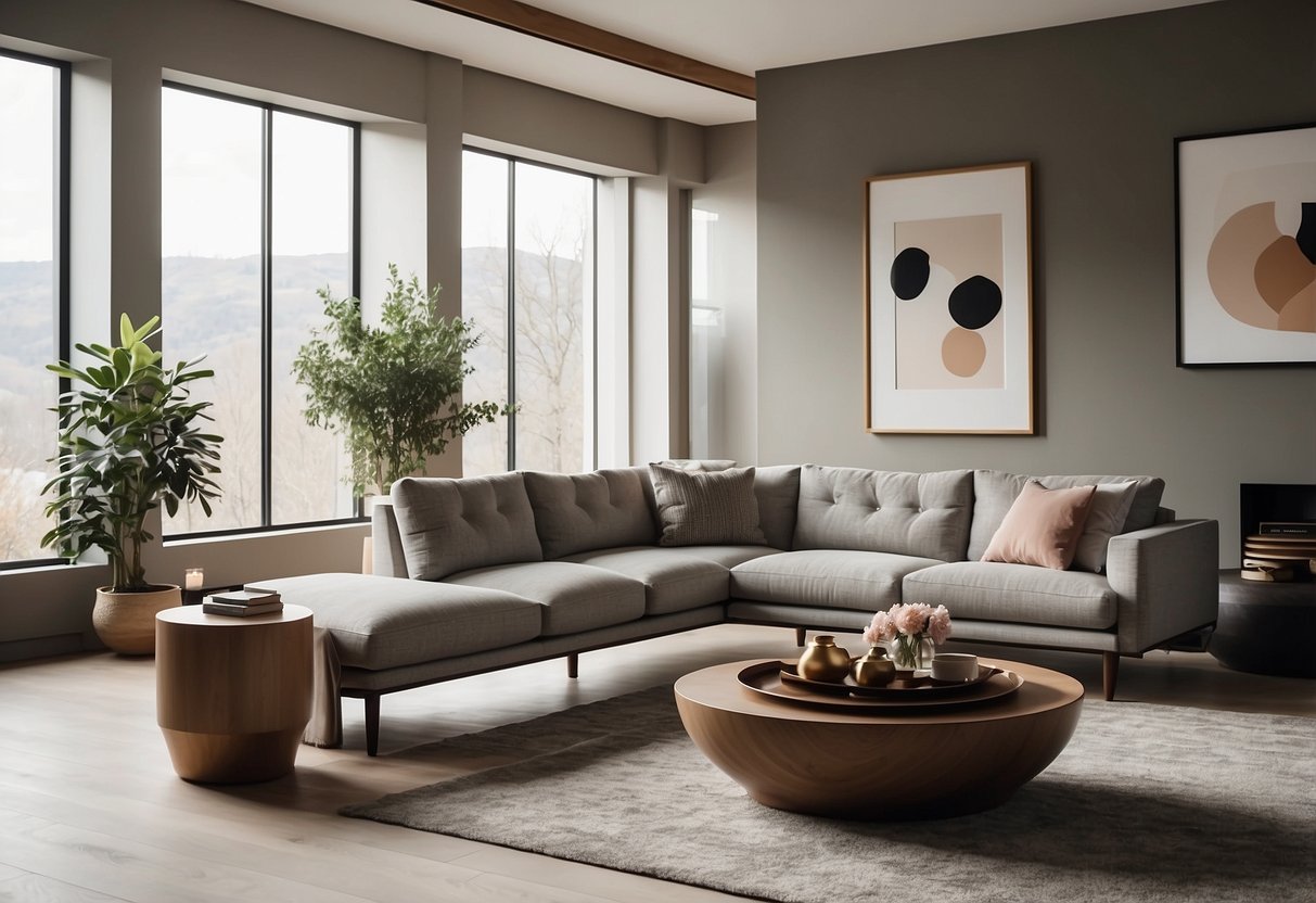 A sleek, minimalist living room with a mid-century modern coffee table as the centerpiece, surrounded by clean lines, muted colors, and natural materials