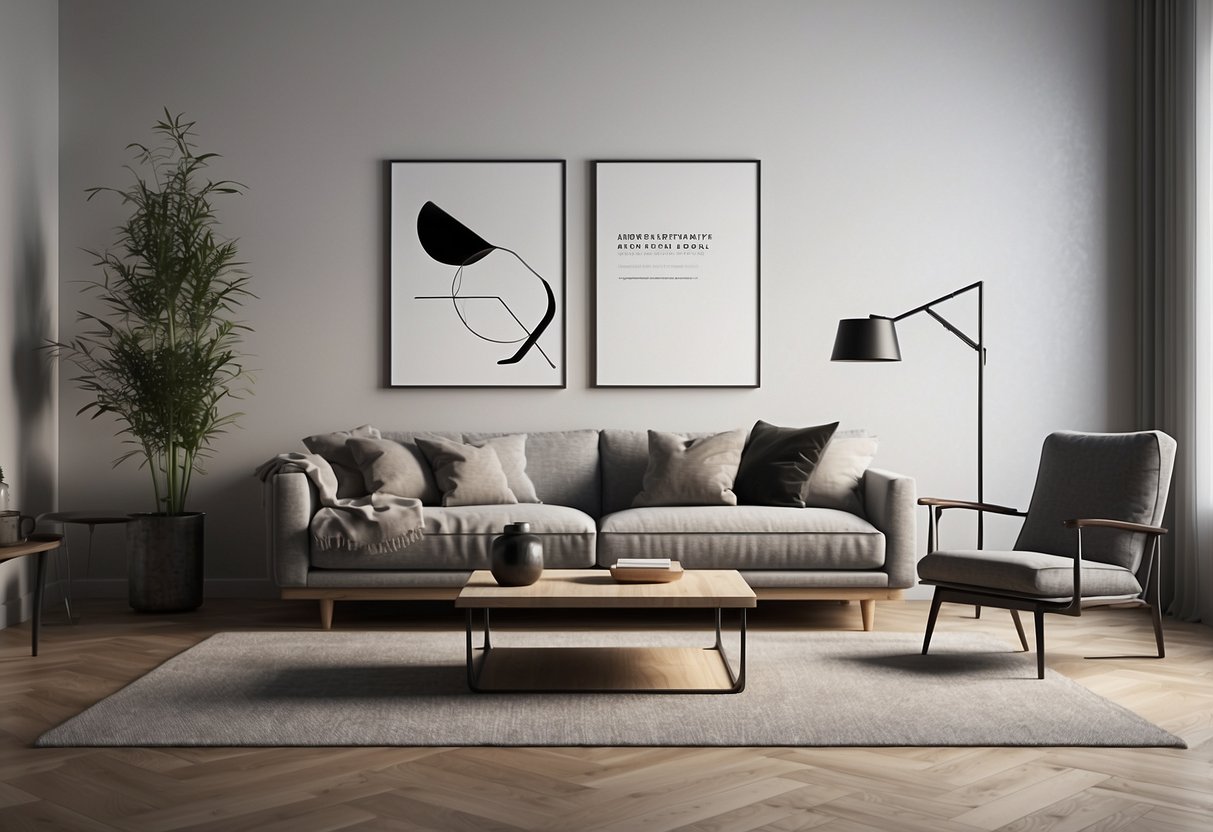 A minimalist living room with sleek furniture and abstract wall art prints in modern European style