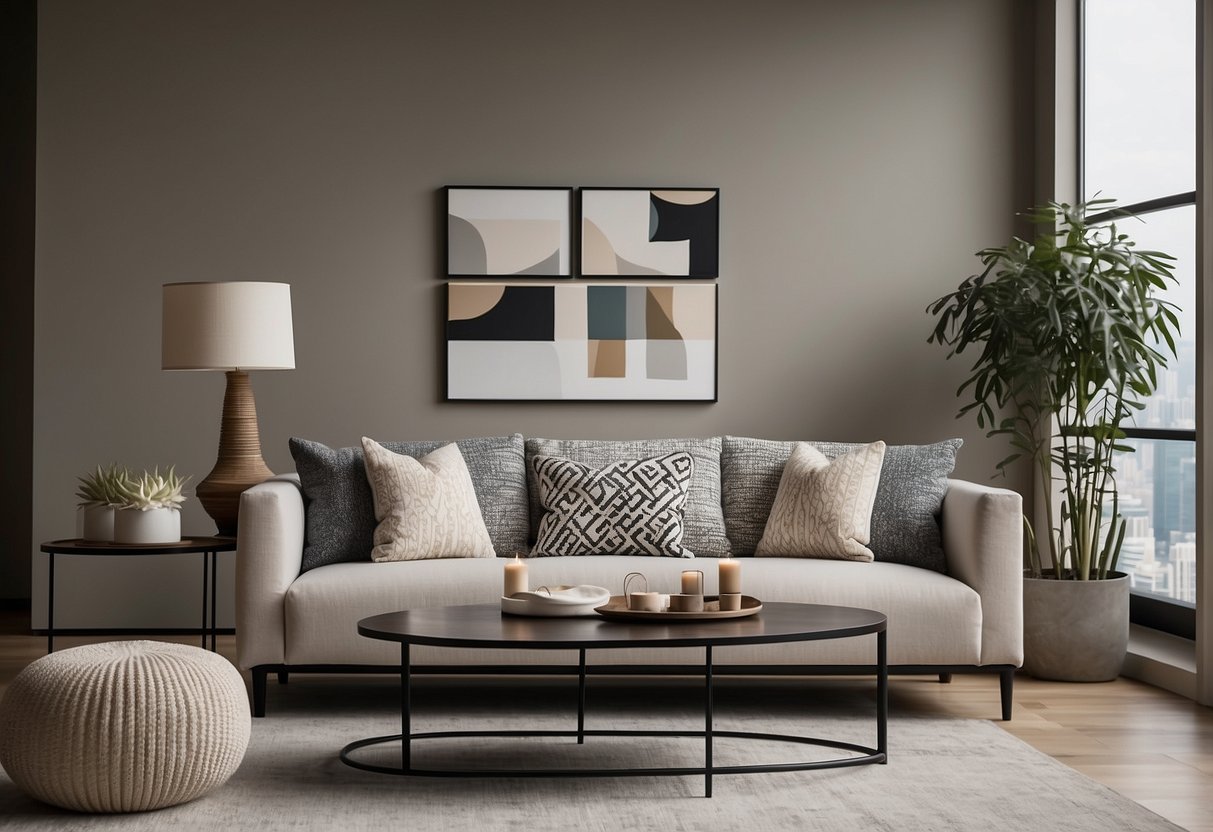 A modern living room with geometric pattern throw pillows on a sleek, neutral-colored sofa. Clean lines and minimalistic decor create a contemporary European ambiance