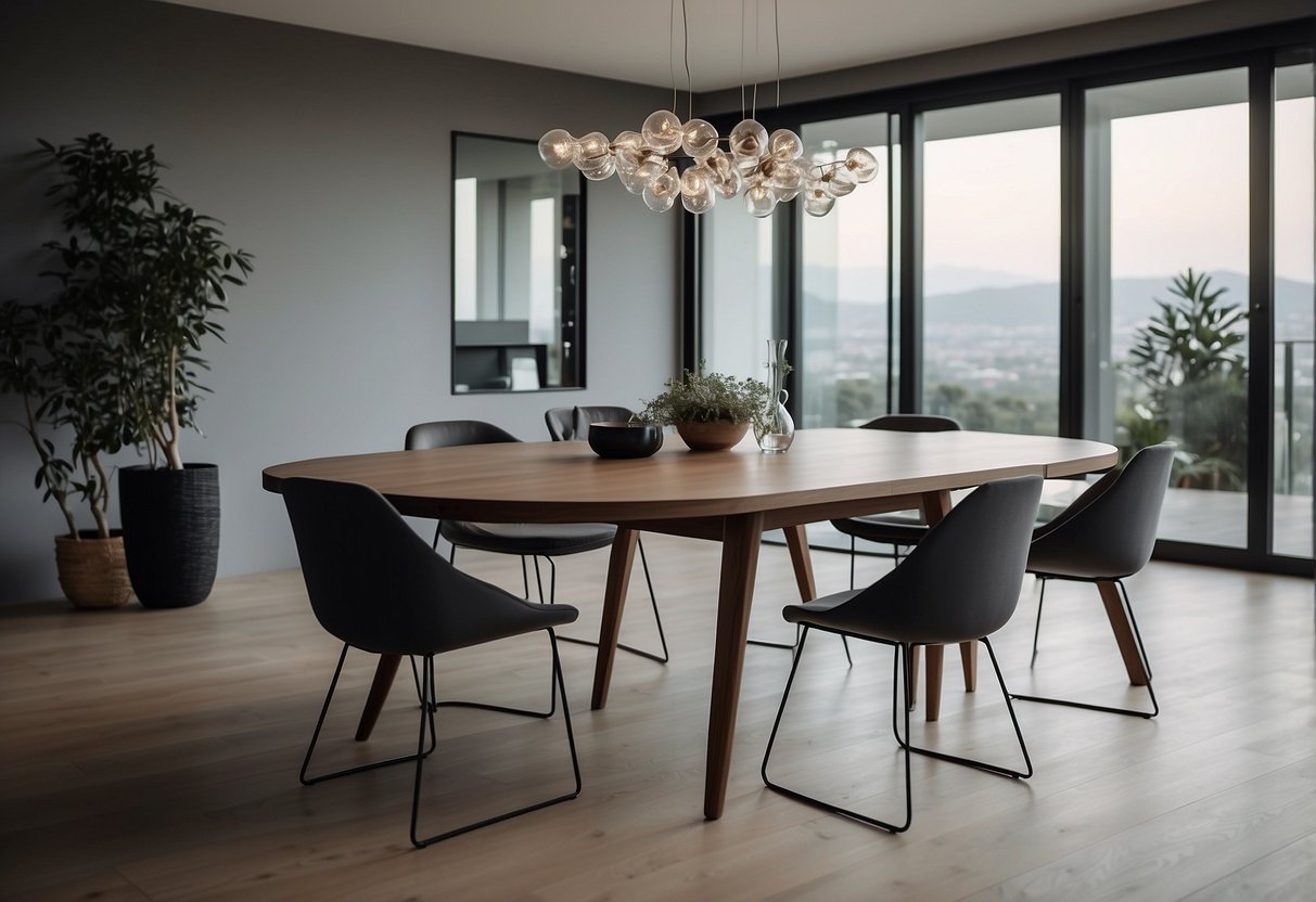 A sleek extendable dining table sits in a modern European home, surrounded by minimalist decor and elegant furnishings