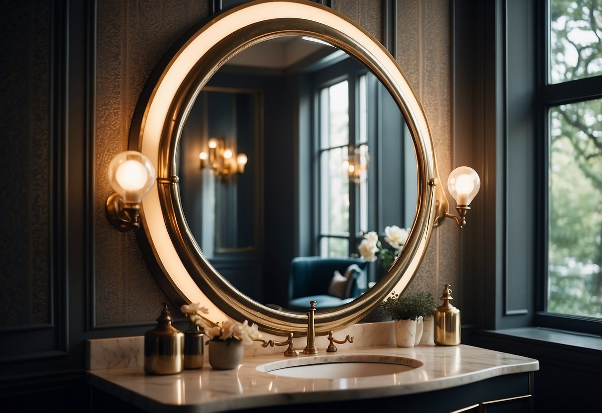 An elegant European Art Deco mirror hangs on a patterned wall, reflecting the modern furnishings and decor of a stylish European home