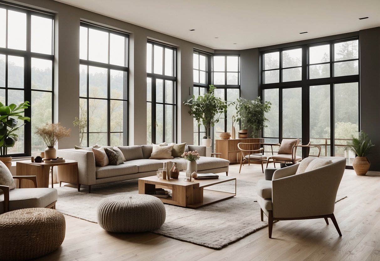 A spacious, minimalist living room with clean lines, neutral color palette, and natural materials like wood and stone. Large windows let in ample natural light, and a mix of modern and vintage furniture pieces create a timeless, sophisticated atmosphere