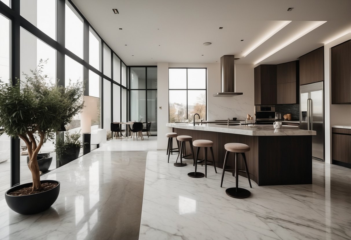 A modern European home with neutral color scheme, featuring sleek furniture, marble countertops, and metallic accents