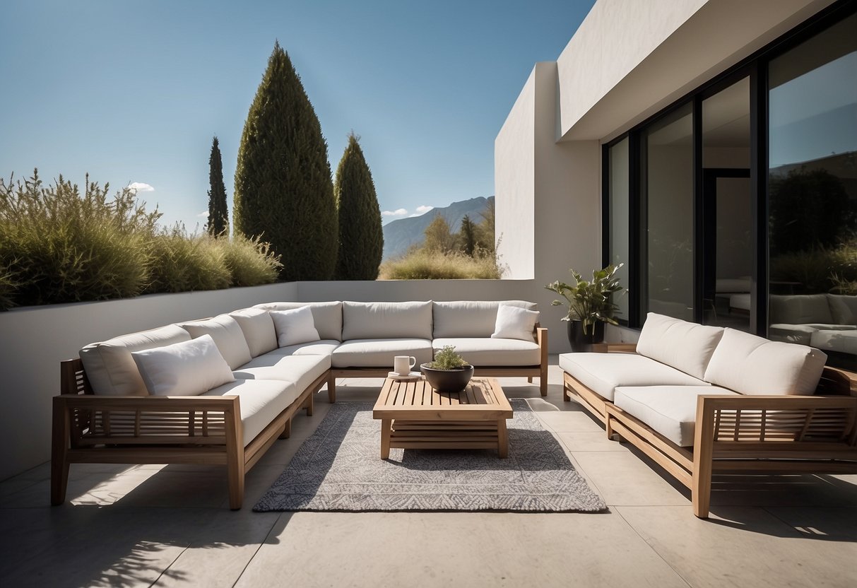 A sleek, minimalist outdoor space with angular furniture and clean lines. The furniture is arranged in a geometric pattern, creating a modern and stylish exterior home decor