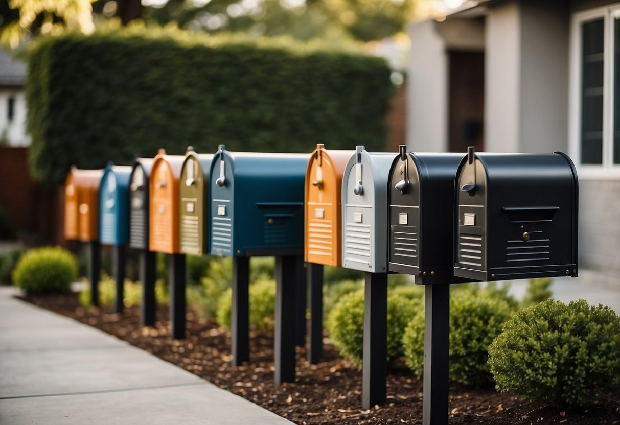 Modern mailboxes in sleek designs, adorned with geometric patterns and bold colors, stand outside a stylish home. Surrounding landscaping includes clean lines and minimalistic accents