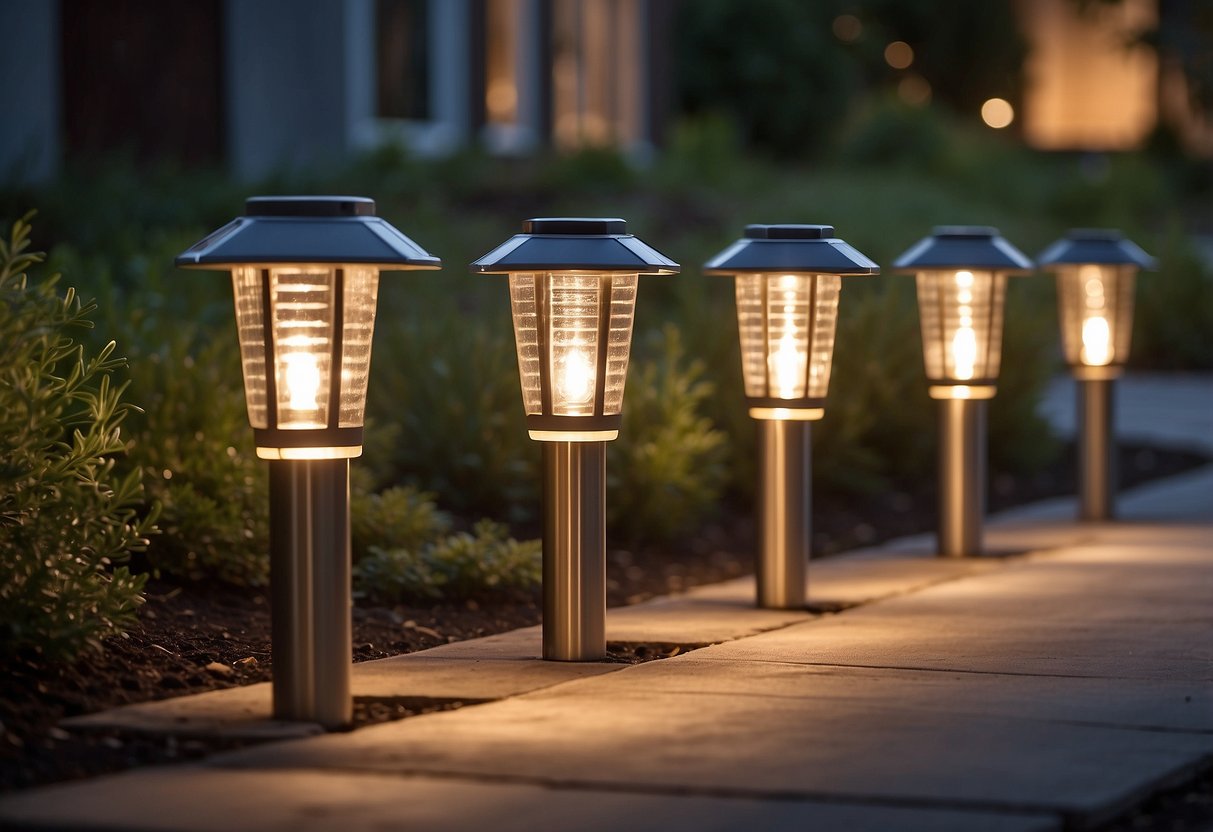 A row of solar-powered path lights illuminates a modern exterior home, casting a warm glow on the walkway and surrounding landscape