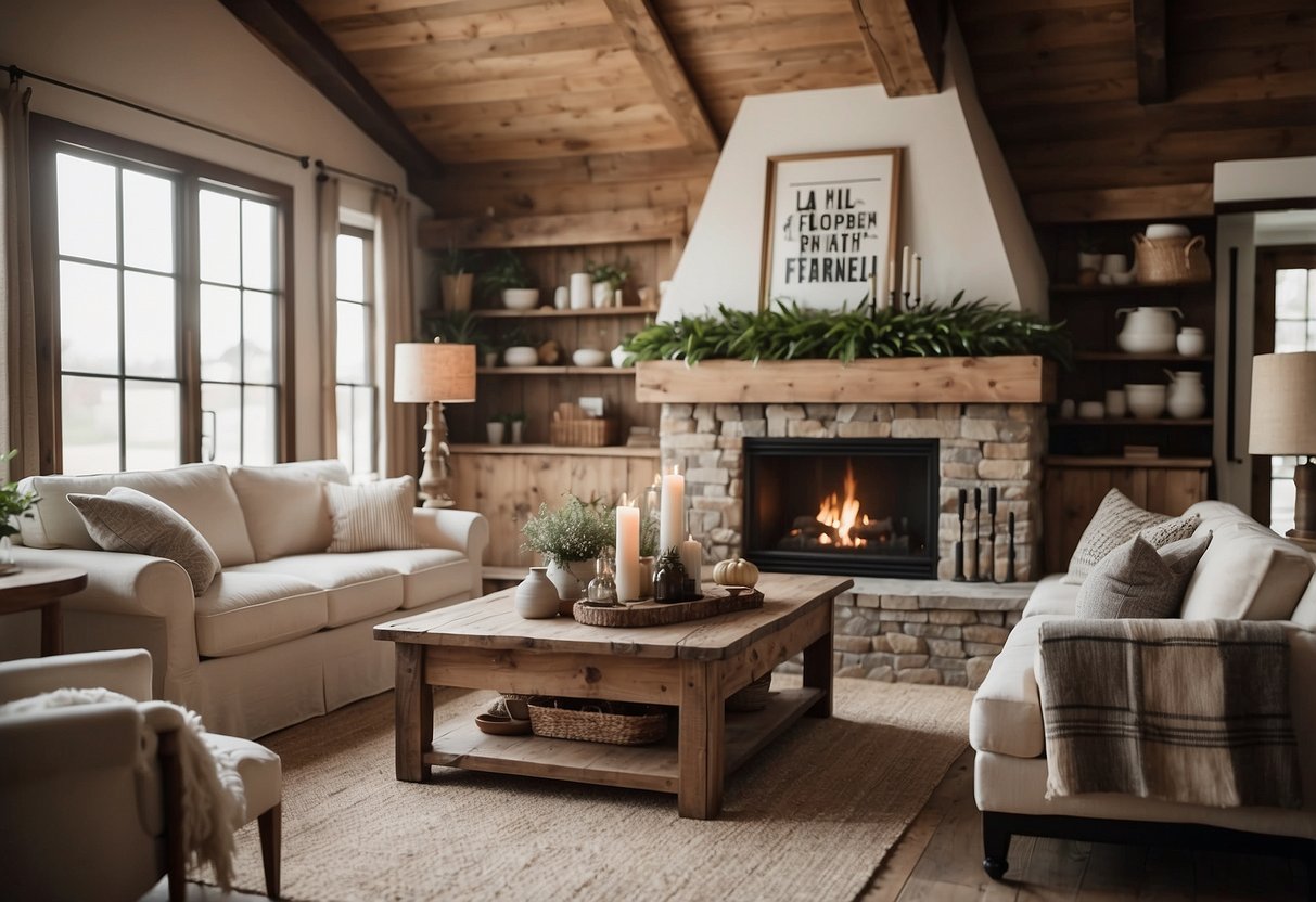 A cozy living room with neutral tones, rustic wooden furniture, and soft textiles. A large fireplace and vintage accents add warmth to the modern farmhouse decor