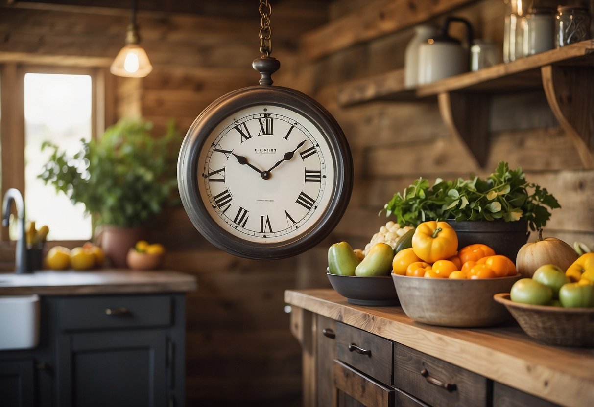 A farmhouse pendulum wall clock hangs in a modern farmhouse kitchen, surrounded by rustic wooden beams, a vintage farmhouse sink, and fresh produce on the countertop