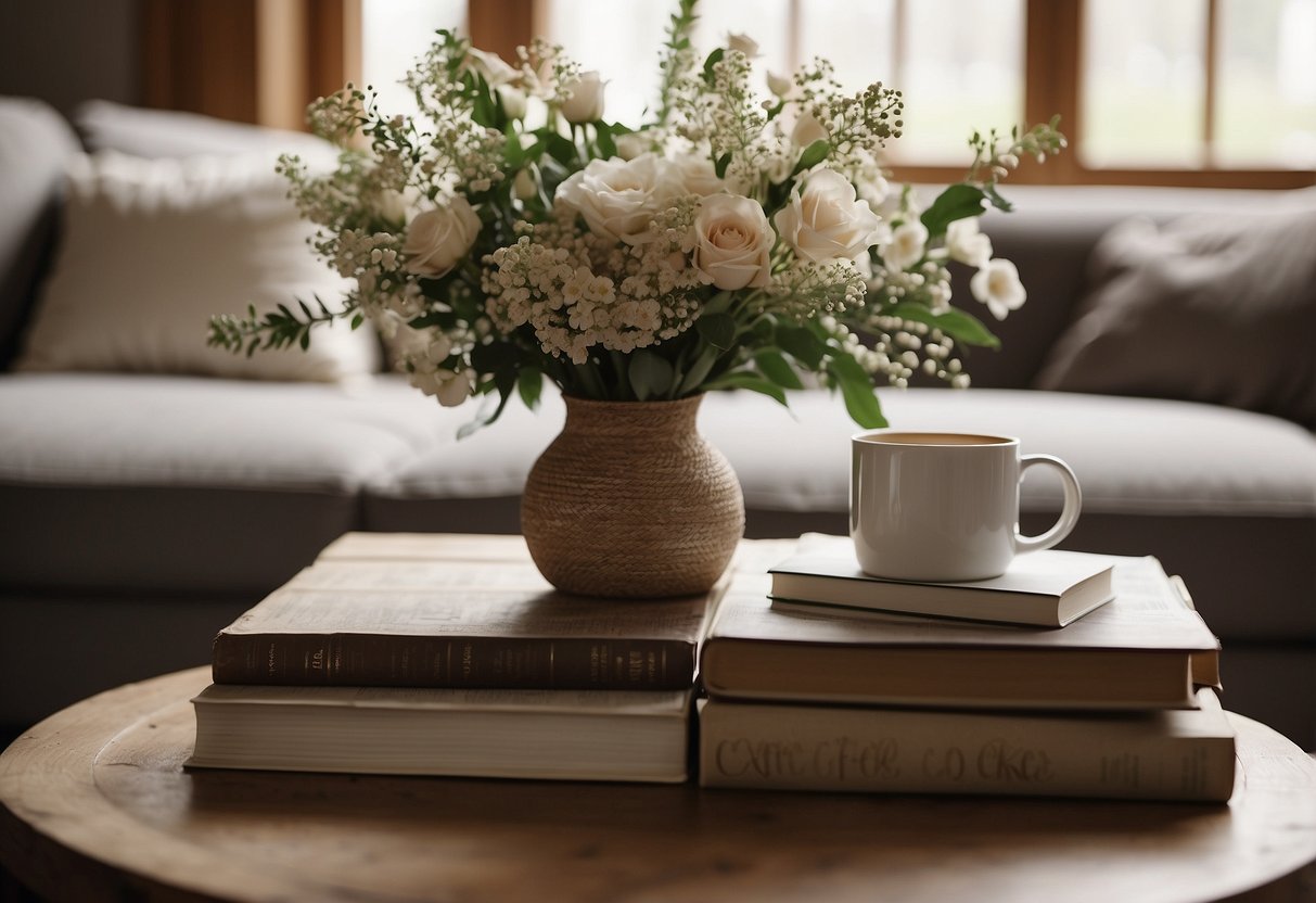 A rustic barn door repurposed into a coffee table, adorned with a vase of fresh flowers and a stack of books, sits in the center of a cozy living room with neutral tones and natural textures