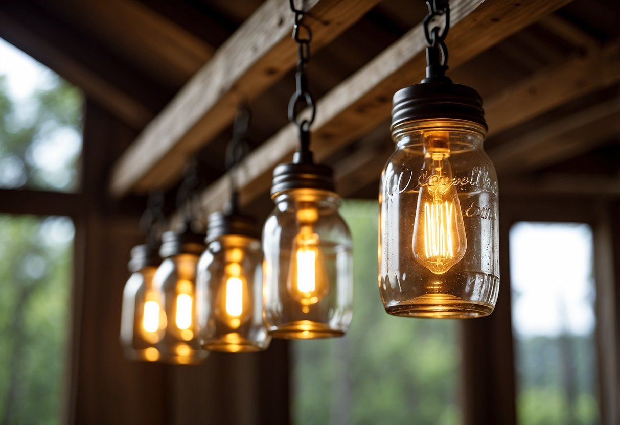 A rustic mason jar light fixture hangs from a wooden beam in a modern farmhouse interior, casting a warm and inviting glow