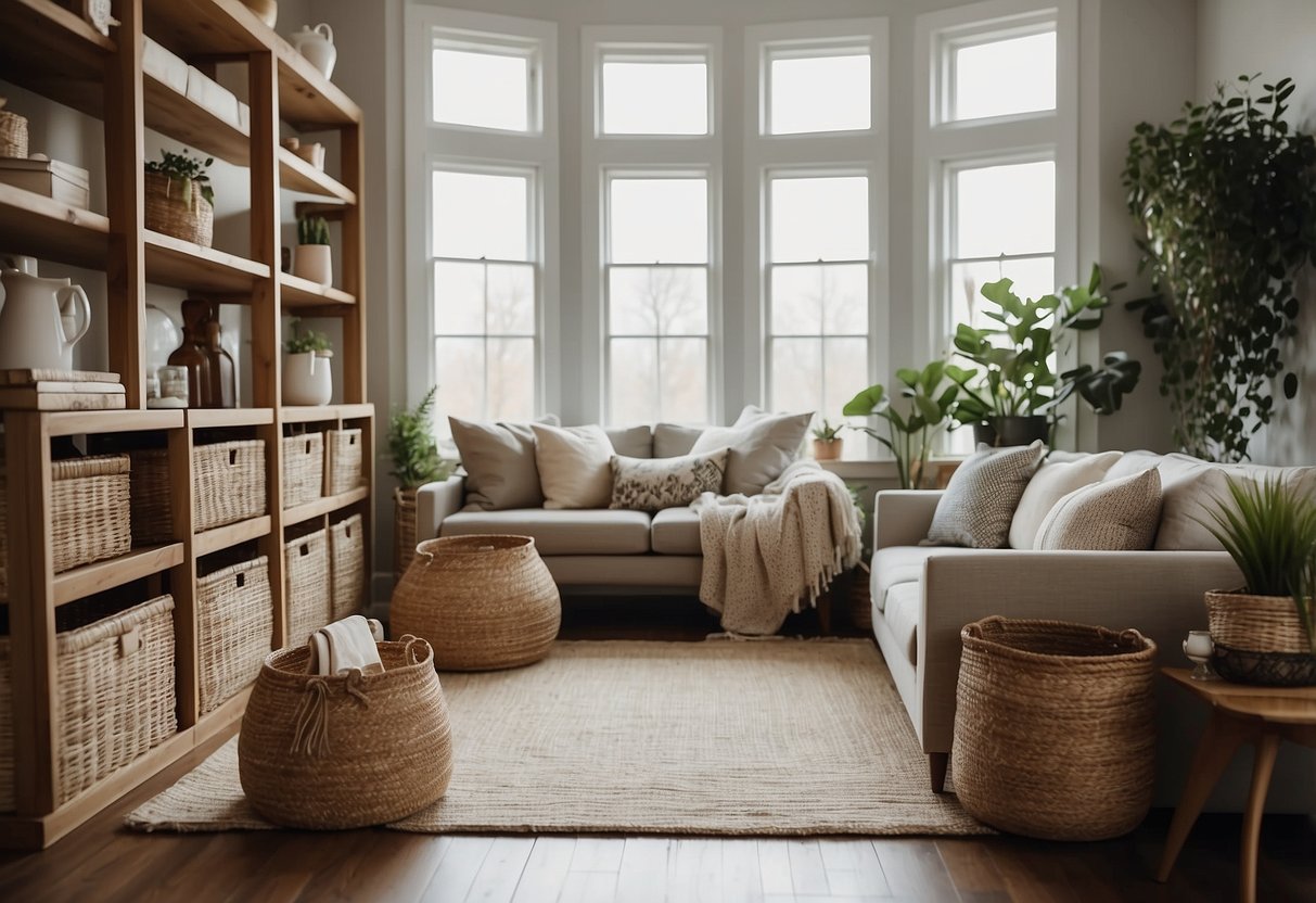 A cozy living room with woven storage baskets neatly organized on shelves, adding a touch of modern farmhouse charm to the decor