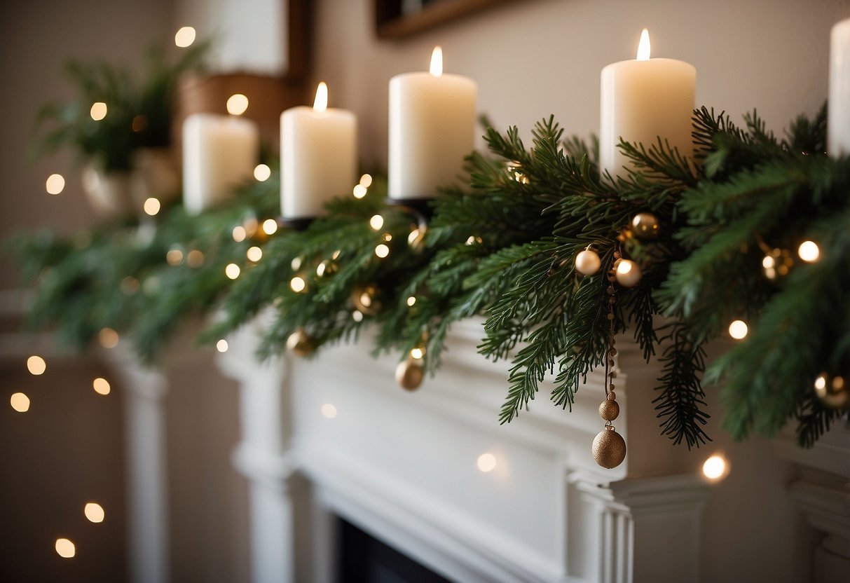 A wooden bead garland hangs on a mantle with white candles and greenery in a modern farmhouse living room