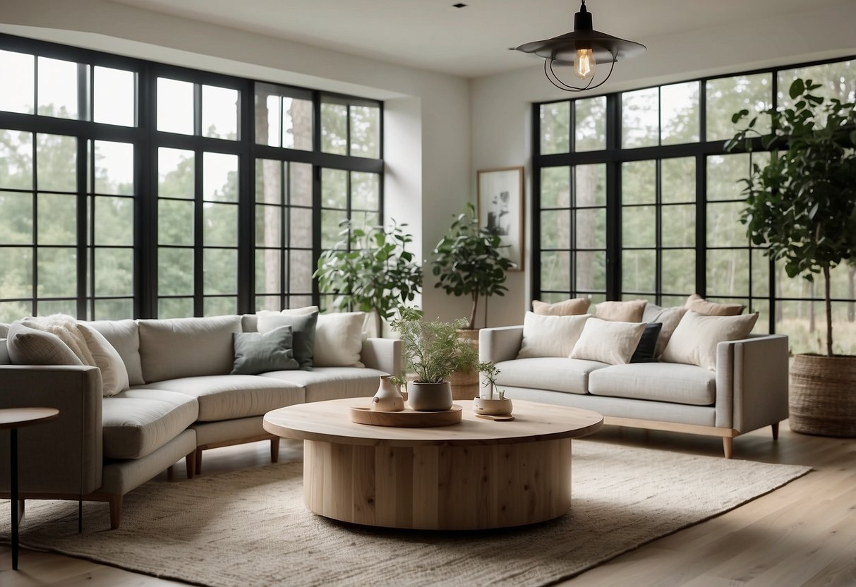 A spacious modern farmhouse living room with minimalist furniture and neutral color scheme, accented with natural wood and greenery