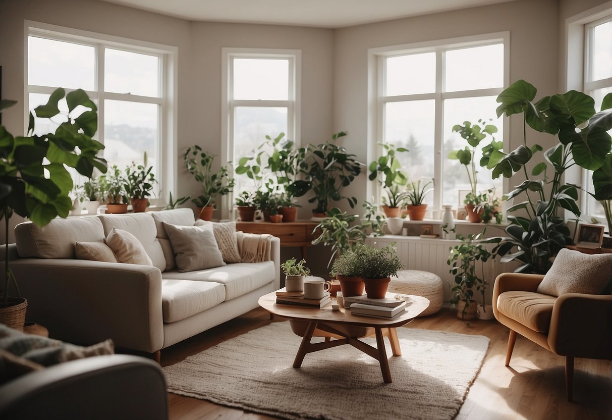 A cozy living room with natural light, potted plants, and a balanced arrangement of furniture and decor to create a serene and harmonious space