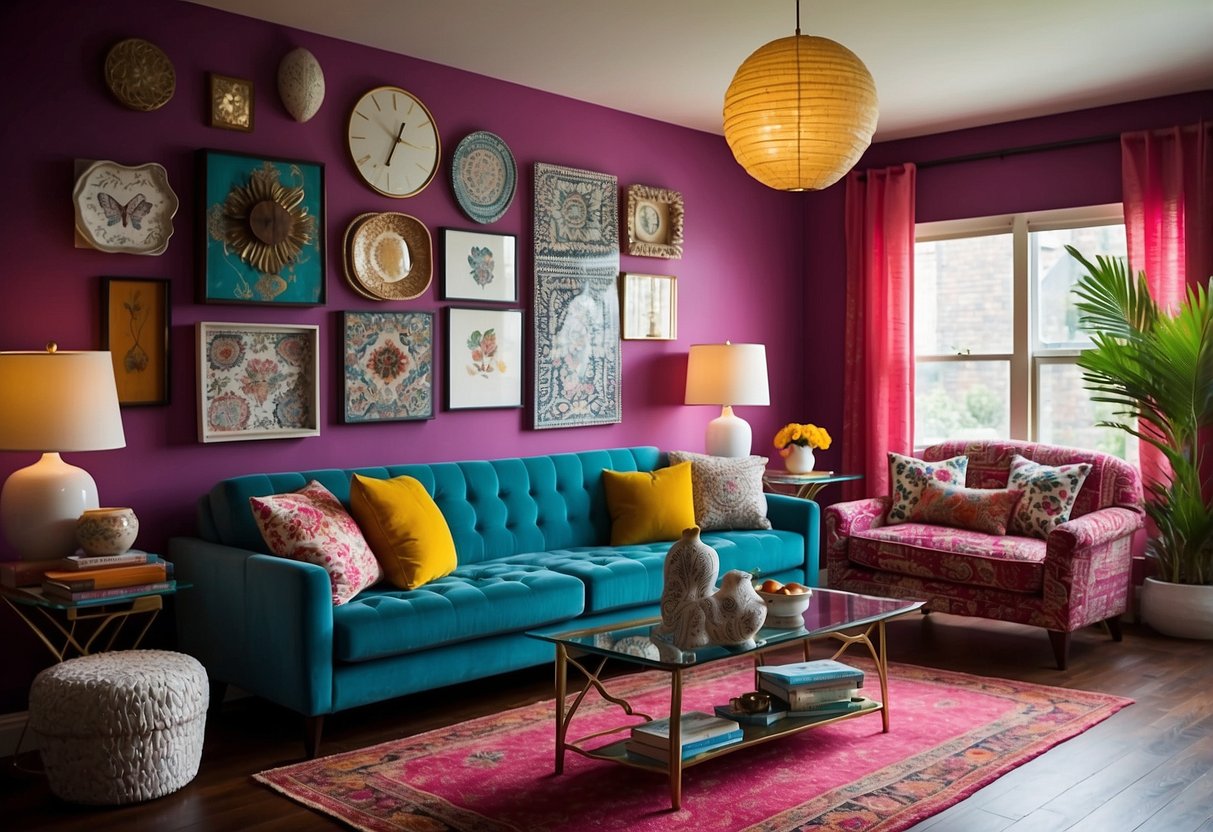 A lively room with eclectic decor and vibrant colors. Various textures and patterns draw the eye around the space, creating a whimsical and inviting atmosphere