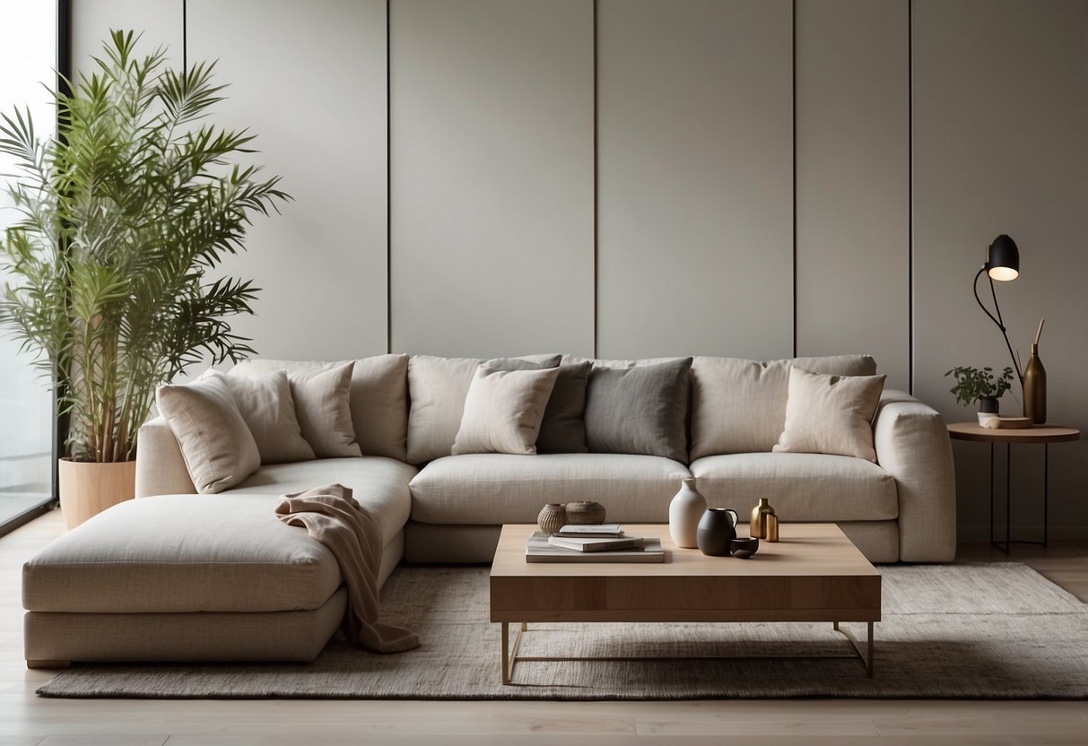 A minimalist living room with clean lines, neutral colors, and natural materials. A few carefully placed decorative items create a sense of balance and harmony