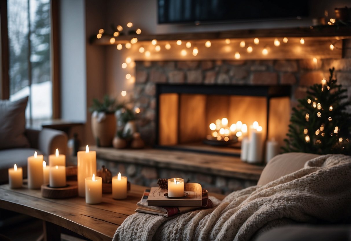 A cozy living room with a crackling fireplace, adorned with rustic wooden mantel, flickering candles, and plush throw blankets