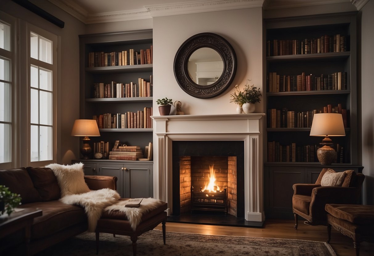 A classic bookshelf is arranged next to a cozy fireplace, with antique decor and framed artwork adorning the walls