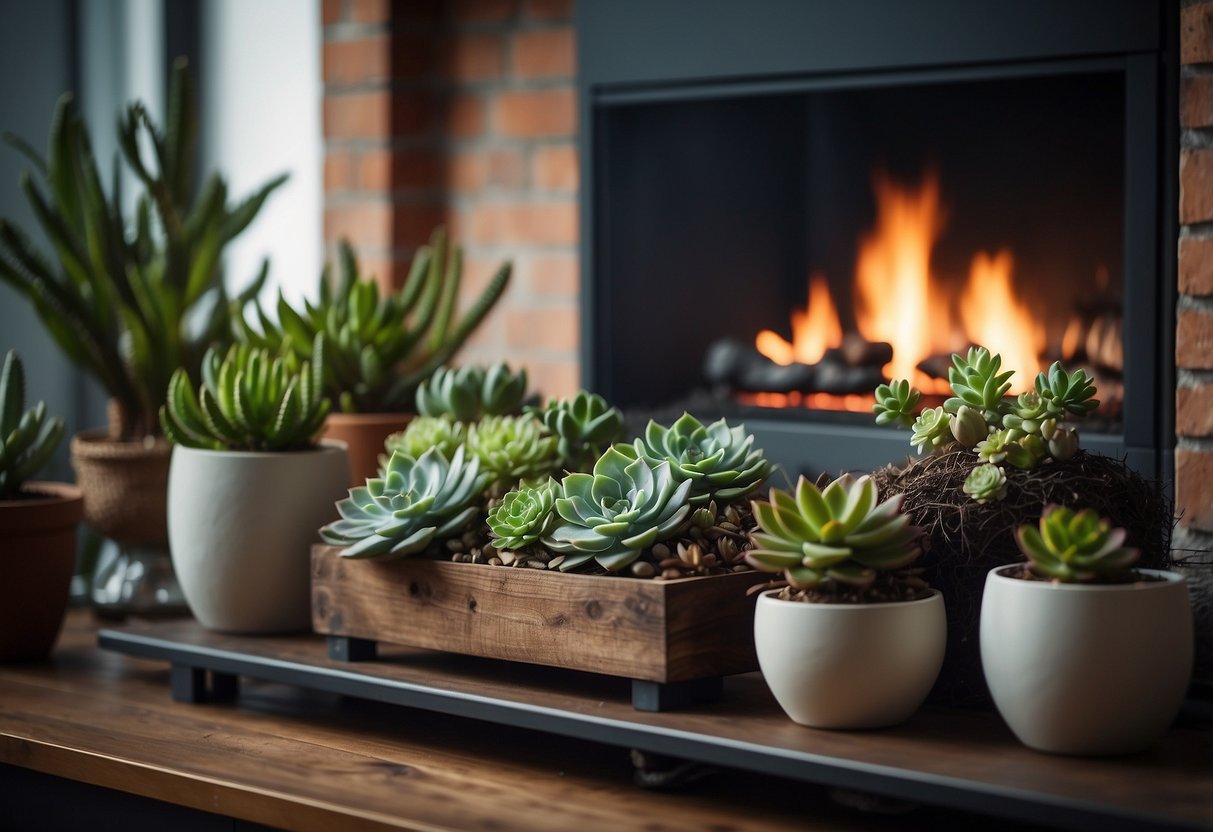 A cozy fireplace adorned with succulent planters, adding a touch of natural beauty to the home decor