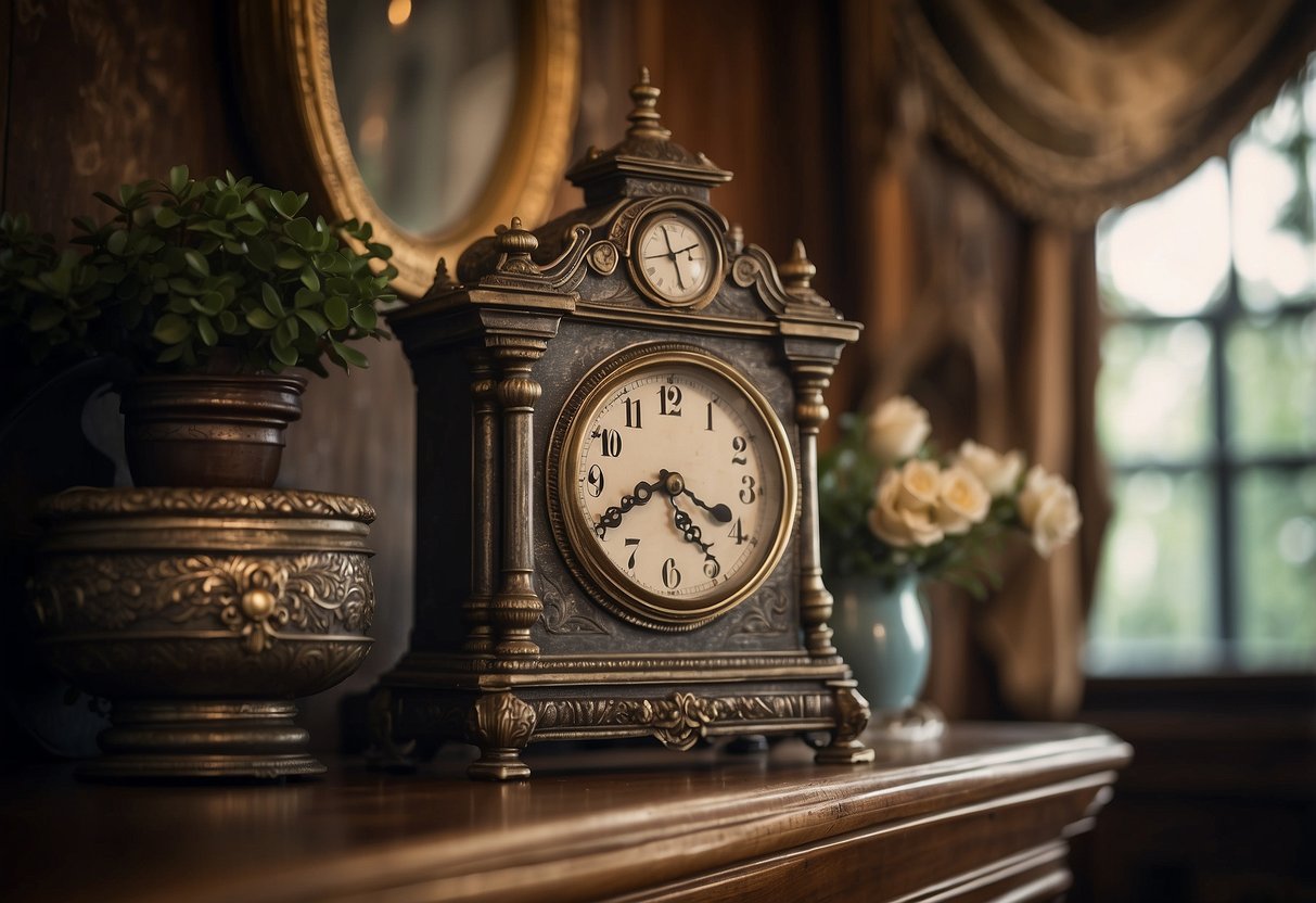 An antique clock sits on the mantel above a crackling fireplace, surrounded by vintage home decor accents