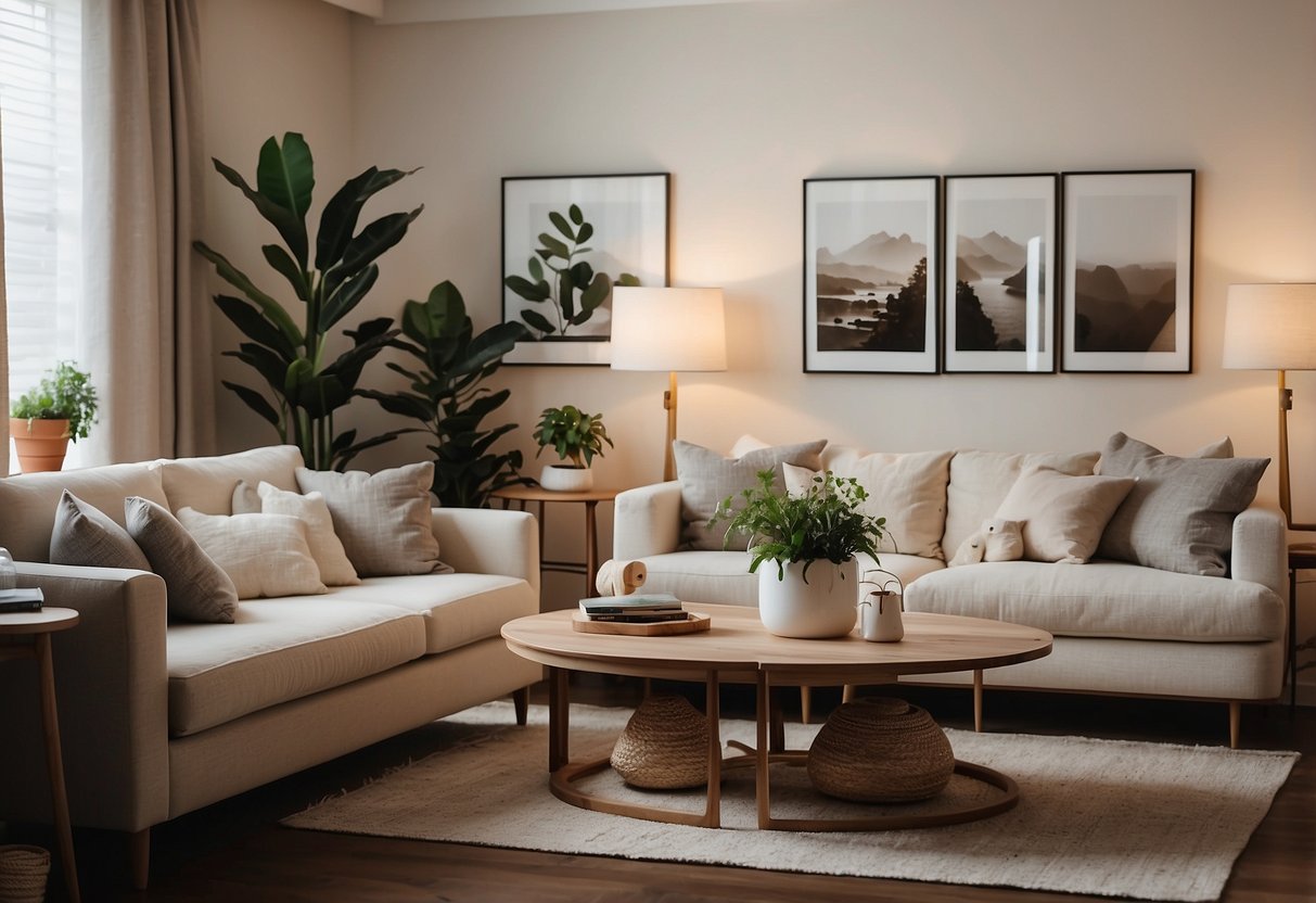 A cozy living room with a neutral color palette, a comfortable sofa, and a gallery wall of artwork. A small dining area with a round table and mismatched chairs. Plants and soft lighting add warmth